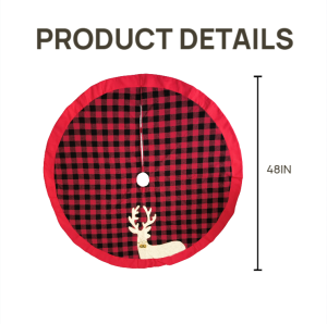 large 48 inch christmas tree skirt with red and black checkered cloth and reindeer bells design – thick double layer holiday mat for indoor outdoor party décor