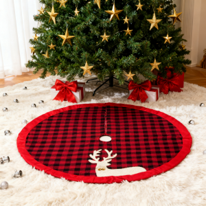 large 48 inch christmas tree skirt with red and black checkered cloth and reindeer bells design – thick double layer holiday mat for indoor outdoor party décor